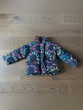 Stella McCartney Black Puffer Jacket with Multicolor Logo Accents